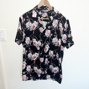 Fashion Nova Men Floral Rose Chain Button Front Short Sleeve Black Shirt